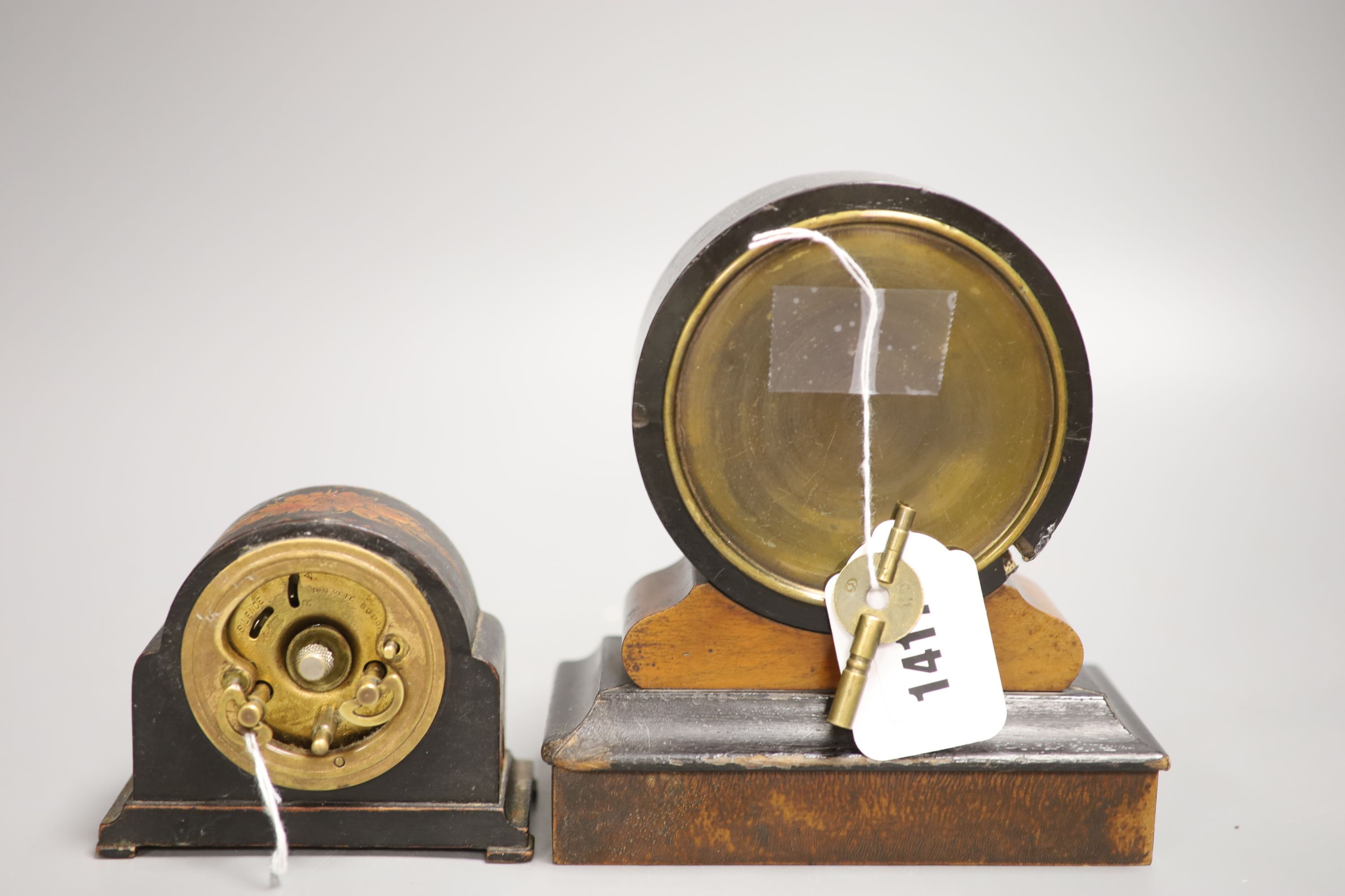 A Victorian ebonised and walnut small mantel timepiece with Brevet movement and a chinoiserie-decorated alarm clock, tallest 17cm